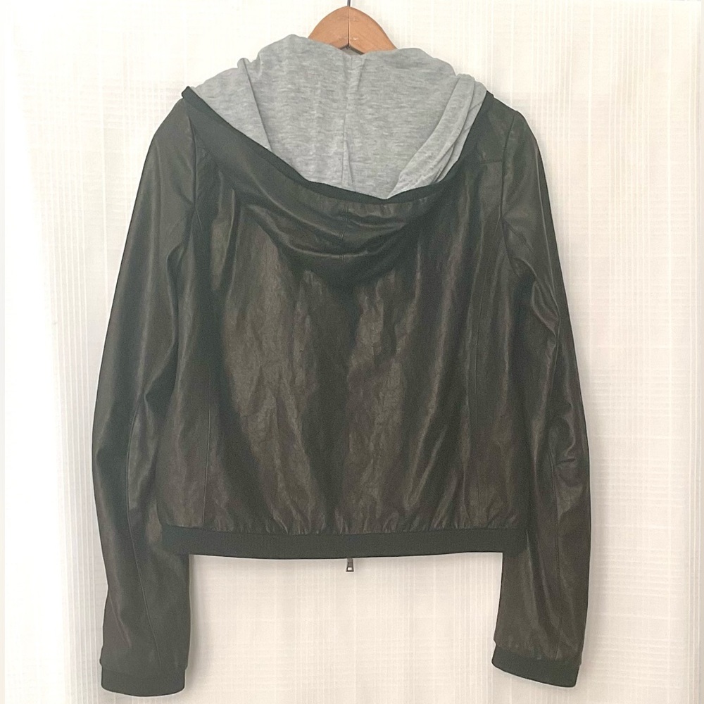 Diane Von Furstenberg Black Leather Jacket with zip off draw string hood - Picture 2 of 11